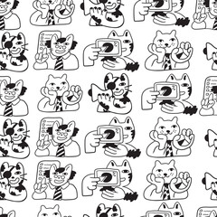 Fototapeta premium seamless pattern with cat character in vector. on business topic in doodle style. Template for wallpaper background wrapping postcard print