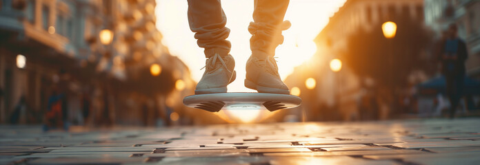 Close-up of hoverboard, hoverboard rider's legs, floating in the air in the city, future of air vehicles.