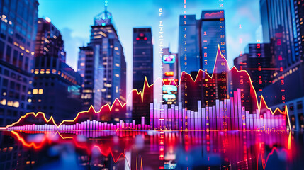City skyline and business growth concept, integrating financial charts, market analysis, and the vibrant life of urban centers