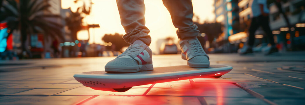 Close-up of hoverboard, hoverboard rider's legs, floating in the air in the city, future of air vehicles.