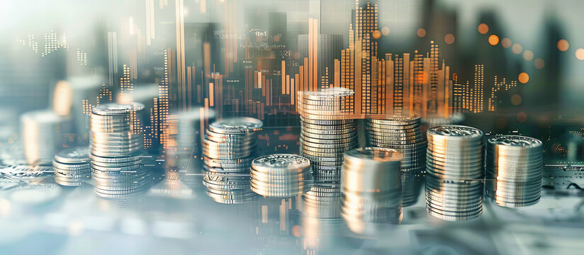 City skyline with financial charts, symbolizing economic growth and the dynamic interplay of global business and finance