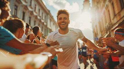 Caucasian male runner Running to the finish line in the city, people greeting at the finish line.