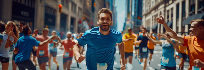 Caucasian male runner Running to the finish line in the city, people greeting at the finish line.