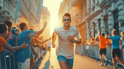 Caucasian male runner Running to the finish line in the city, people greeting at the finish line.