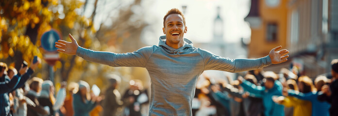 Caucasian male runner Running to the finish line in the city, people greeting at the finish line.