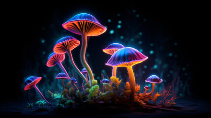 Fototapeta na wymiar Neon mushrooms on a dark background .