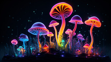 Neon mushrooms on a dark background   . - obrazy, fototapety, plakaty