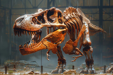 Tyrannosaurus rex skull depicted in a realistic profile position with high details , front view
