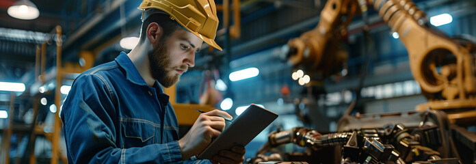 Selective focus of A Caucasian man is using a tablet to check work in an automobile assembly plant.