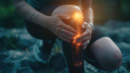 A person is massaging their knee with an animated glowing joint in the background, symbolizing pain relief and self care for people suffering from joint pain - obrazy, fototapety, plakaty