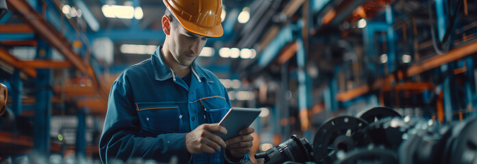 Selective focus of A Caucasian man is using a tablet to check work in an automobile assembly plant. - Powered by Adobe