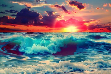 Dramatic Sunset Waves HD Wallpaper Showcasing the Dynamic Beauty of a Beach with Crashing Waves