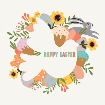Easter greating card with bird silhouette. Vector isolated image on light beige background. Print for poster, textile, scrapbook