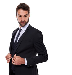 Businessman, studio and professional fashion tuxedo, corporate work clothes with confident male person. Formal, executive pride in jacket and trendy black tie, suit and designer on mockup background