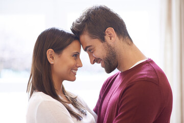 Happy couple, forehead and love with romance for affection, embrace or intimacy in support or care...
