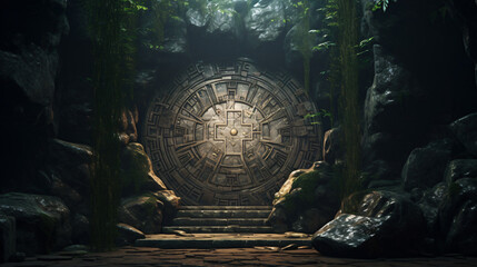 Portal in stone arch with magical symbols in mountain - obrazy, fototapety, plakaty