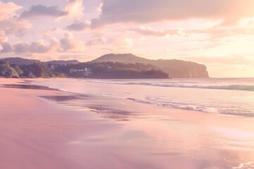 Tranquil Pastel Sunrise: H5 Background Featuring a Peaceful Beach Awakening to Gentle Ocean Rhythms