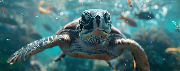 Focus on a close-up of a sea turtle swimming amidst floating plastic waste, showcasing the heartbreaking consequences of ocean pollution Integrate visual elements of sustainable alternatives like reus - obrazy, fototapety, plakaty