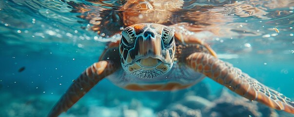 Focus on a close-up of a sea turtle swimming amidst floating plastic waste, showcasing the heartbreaking consequences of ocean pollution Integrate visual elements of sustainable alternatives like reus - obrazy, fototapety, plakaty