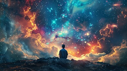 Illustrate the concept of introspection and enlightenment through a surreal image of a person gazing into an endless universe Depict a figures back against a cosmic backdrop, symbolizing profound thou - obrazy, fototapety, plakaty