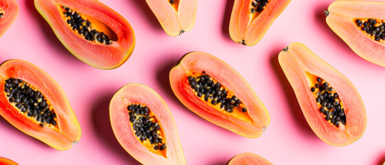 Papaya fruits mockup. Flat lay colorful background. Minimal concept. Tropicalexotical fruits banner. Generative ai