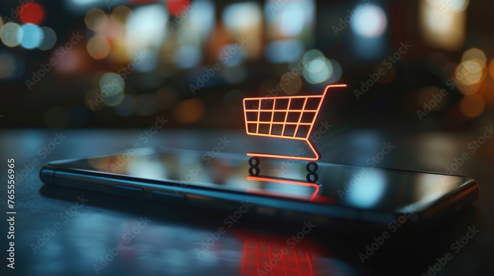 Poster A smartphone displaying a shopping cart icon, perfect for e-commerce concepts