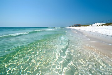 Azure Serenity: HD Image of a Tranquil Beach with Crystal-Clear Waters, White Sands, and Cloudless Sky