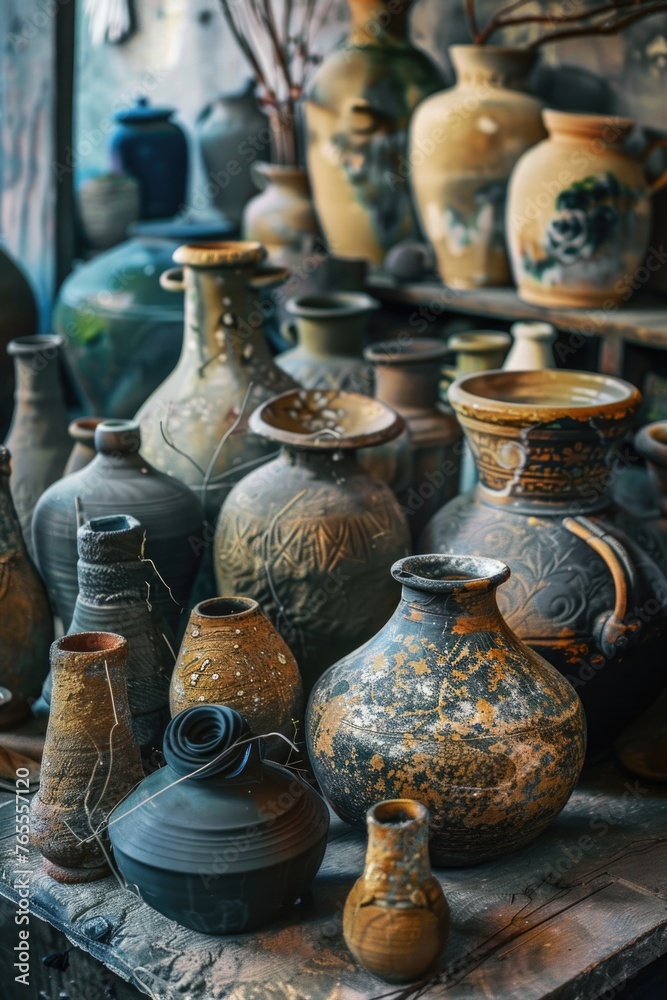 Poster various vases displayed on a rustic wooden table. suitable for home decor or interior design concept