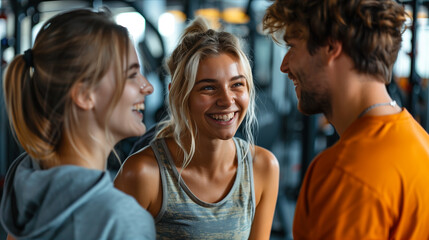 Obraz premium Group of Caucasian exercisers laughing cheerfully inside the gym.