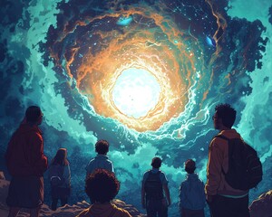 Design an eye-catching graphic showing a group of diverse individuals looking up at a glowing portal above them, symbolizing the moment they discover their ability to access parallel universe memories - obrazy, fototapety, plakaty