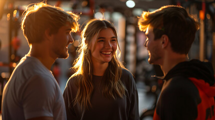 Fototapeta premium Group of Caucasian exercisers laughing cheerfully inside the gym.