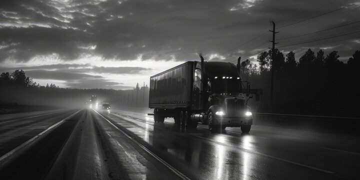 A black and white photo of a semi truck on a highway. Suitable for transportation and logistics concepts