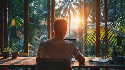 A person sits at a desk facing a lush tropical forest