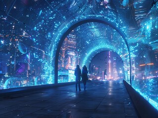 Illustrate a futuristic art installation using bioluminescent elements in an urban environment Emphasize the rear perspective to enhance the feeling of walking into a world of light and wonder - obrazy, fototapety, plakaty