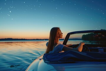 A woman sitting in a boat at night. Suitable for various projects - obrazy, fototapety, plakaty