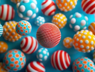 Design a captivating long shot image showcasing a series of colorful balls bouncing in a mesmerizing pattern The balls should vary in size and texture, creating a dynamic and visually appealing compos - obrazy, fototapety, plakaty