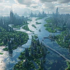 Imagine a cityscape reshaped by significant ice melt and rising sea levels Show futuristic transportation networks, sustainable energy sources, and green infrastructure symbolizing humanitys ability t - obrazy, fototapety, plakaty