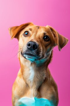 A close-up image of a dog on a pink background. Ideal for pet lovers and animal-related projects