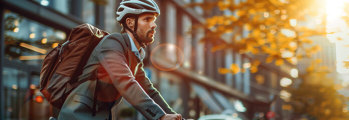 Selective focus of Male businessman riding a bicycle in the city.