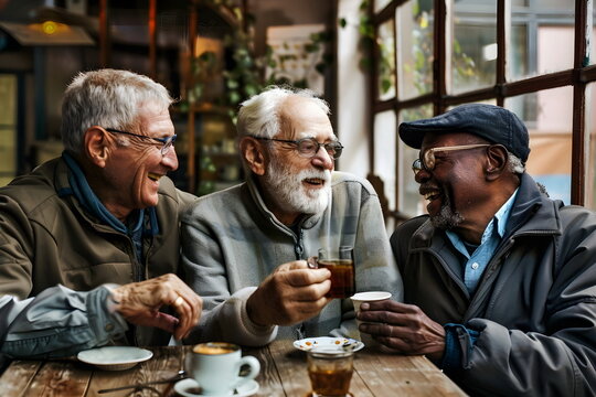 Three older men sitting in a cafeteria talking and drinking coffee