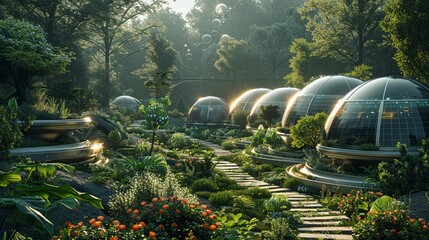 Illustrate a futuristic garden where plants and technology coexist seamlessly Emphasize the balance between nature and innovation by incorporating elements like glowing flowers powered by solar panels - obrazy, fototapety, plakaty