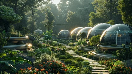 Foto op Canvas Illustrate a futuristic garden where plants and technology coexist seamlessly Emphasize the balance between nature and innovation by incorporating elements like glowing flowers powered by solar panels © panyawatt