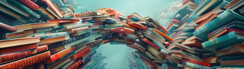 Illustrate a birds-eye view scene of an intricate network of bridges made of books, each representing a different language and culture Show the books connecting and intertwining, symbolizing the way l - obrazy, fototapety, plakaty