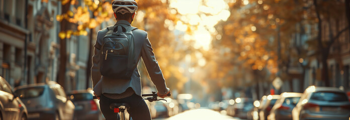 Selective focus of Male businessman riding a bicycle in the city. - obrazy, fototapety, plakaty