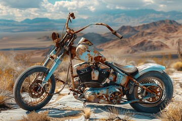 a rusted motorcycle in the desert