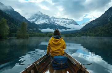 A person sitting in the front of an old wooden boat on Lake grabbing, surrounded by snowcapped mountains and forests, with reflections of clouds on water surface