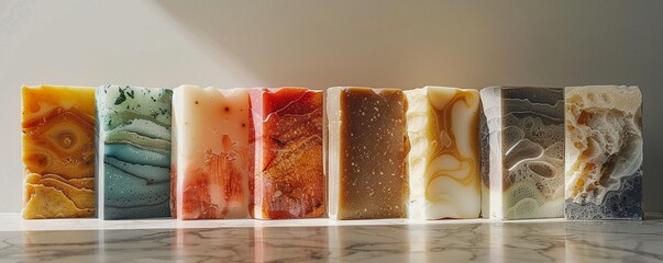 Design a series of soap bars with images embedded within layers, unveiling a story as they diminish with each use Let the visuals entice users to keep revealing the tale till the last sliver - obrazy, fototapety, plakaty