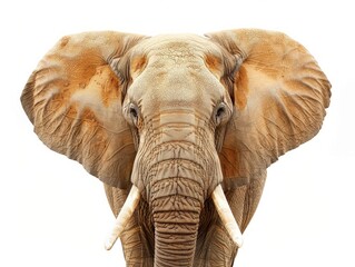 Detailed view of an elephants face with textured skin, tusks, and expressive eyes against a plain white backdrop