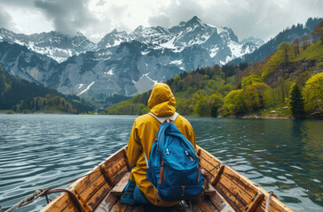 A person sitting in the front of an old wooden boat on Lake grabbing, surrounded by snowcapped mountains and forests, with reflections of clouds on water surface