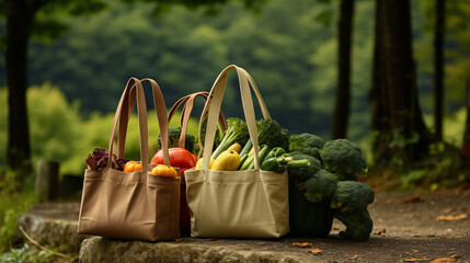 Reusable shopping bags filled with autumn harvest prod - Powered by Adobe